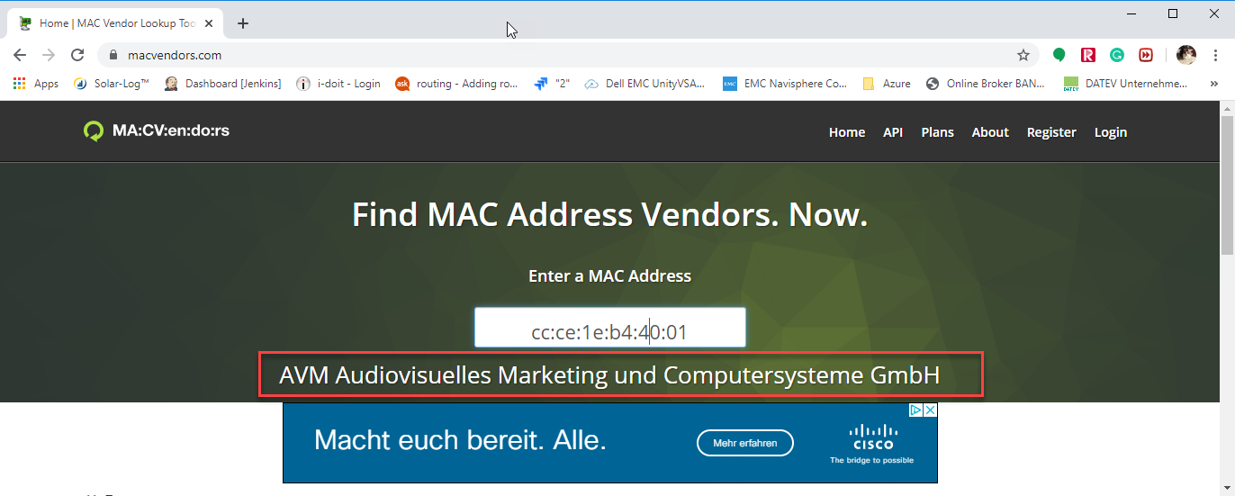 Using the macvendors.com page to lookup the vendor for a MAC address