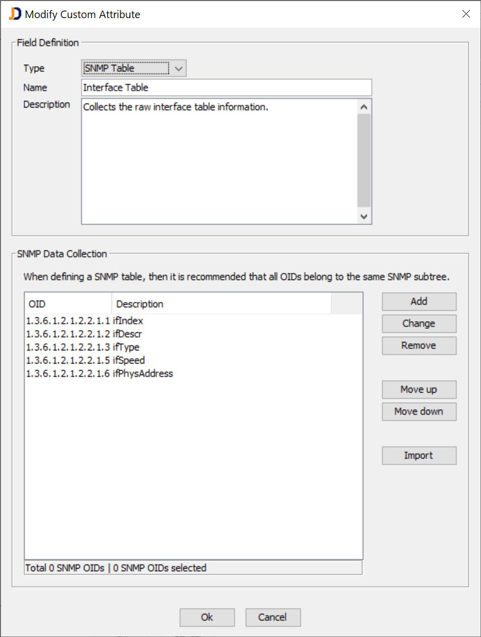 Defining the Data Collection for an SNMP Table