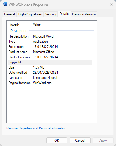 Windows Word File Properties